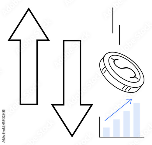 Up and down arrows, a falling coin, and a bar graph with an upward trend represent financial growth, market fluctuation, and economic analysis. Ideal for business strategy, financial investment