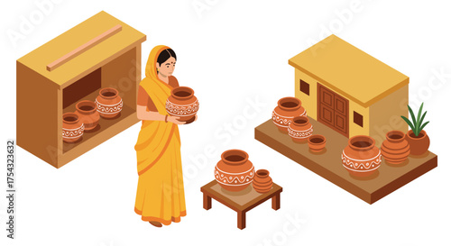Isometric woman in traditional attire with clay pots and village hut