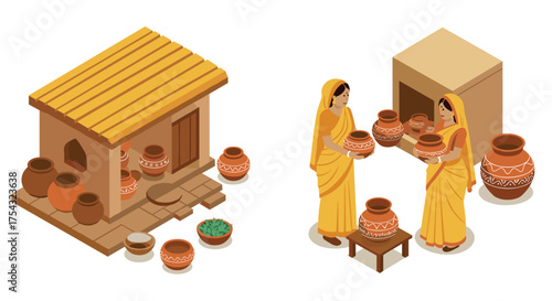 Traditional indian pottery scene with women in sari and clay pots