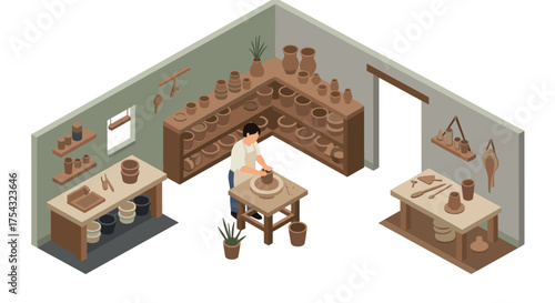 Isometric pottery studio scene with artisan sculpting clay on pottery wheel