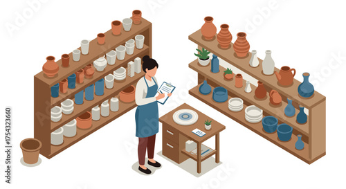 Isometric pottery workshop scene with shelves of ceramics and artisan