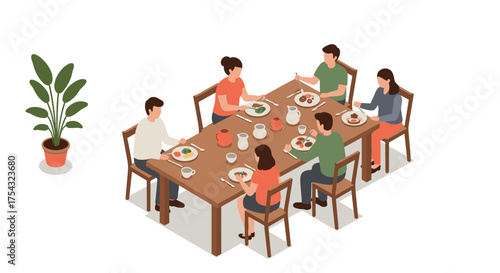 Group dining in isometric style with family at a dining table