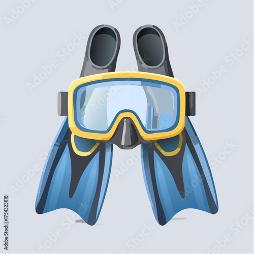 Diving mask and flippers cartoon illustration on a plain background