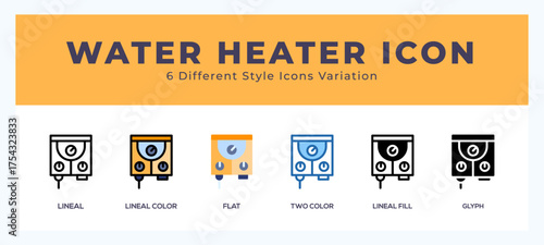 Water heater set of icons. Vector illustration with different styles.