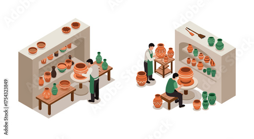 Isometric pottery workshop with artisans crafting clay pots and displaying ceramics