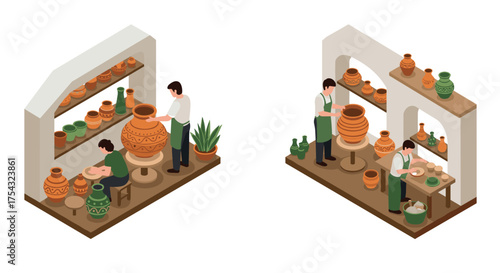 Isometric pottery workshop scene: craftsmen creating handmade ceramics
