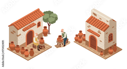 Isometric pottery workshop scene with craftsmen and ceramic vases