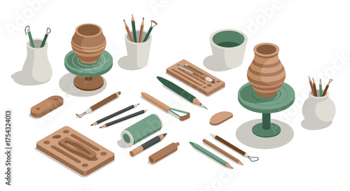 Isometric pottery and sculpting tools on workstation