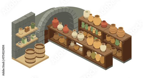 Isometric ancient pottery shop with clay jars and wooden shelves