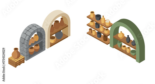 Isometric pottery display with arched shelves and ceramic vases