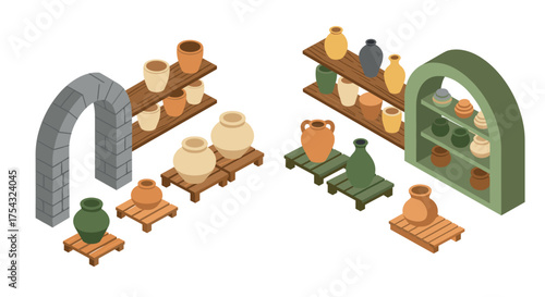 Isometric ceramic pottery display with traditional clay vases on wooden shelves