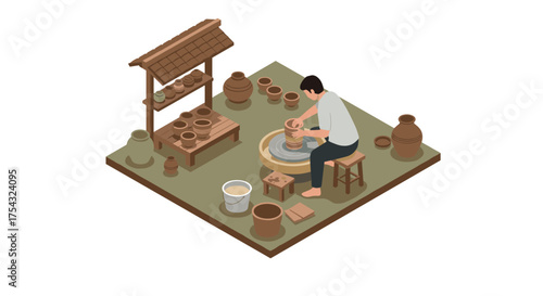 Isometric pottery craft: artisan creating ceramic masterpieces at pottery wheel