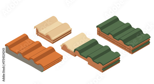Isometric roof tiles set with different colors and layers for construction design