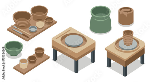 Isometric ceramic workshop: pottery tools and clay on wheel