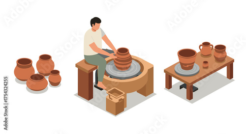 Isometric pottery workshop scene with crafting table and ceramic pots