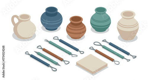 Isometric pottery tools and clay vases on white background