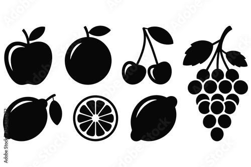 Black fruit silhouette icon set with apple, orange, cherry, lemon, citrus slice and grapes for fresh juice, organic food and healthy product branding