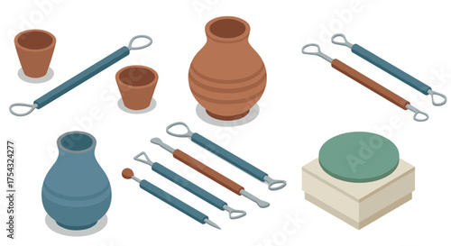 Isometric pottery tools and clay pots on white background