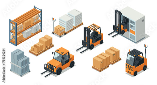 Isometric warehouse equipment and logistics elements for inventory management