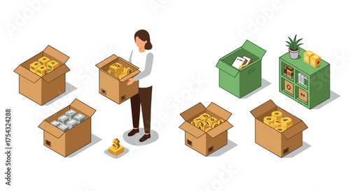 Isometric packing and storage with cardboard boxes and shelves