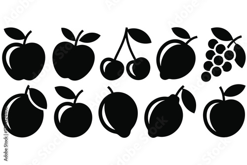 Black fruit silhouette icon set with apple, cherry, lemon and grape shapes for fresh juice, organic food and healthy product branding