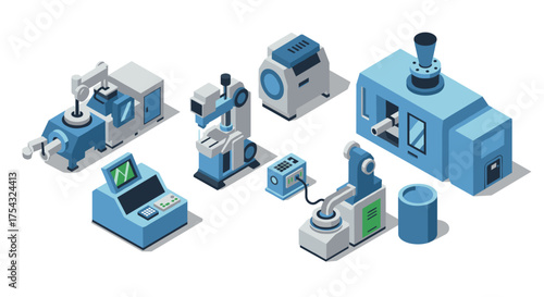 Isometric industrial equipment set with modern machines and automation tools
