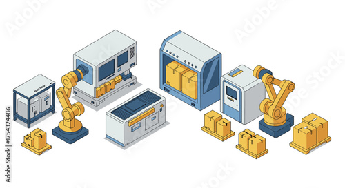 Isometric factory automation with robotics and packaging machinery