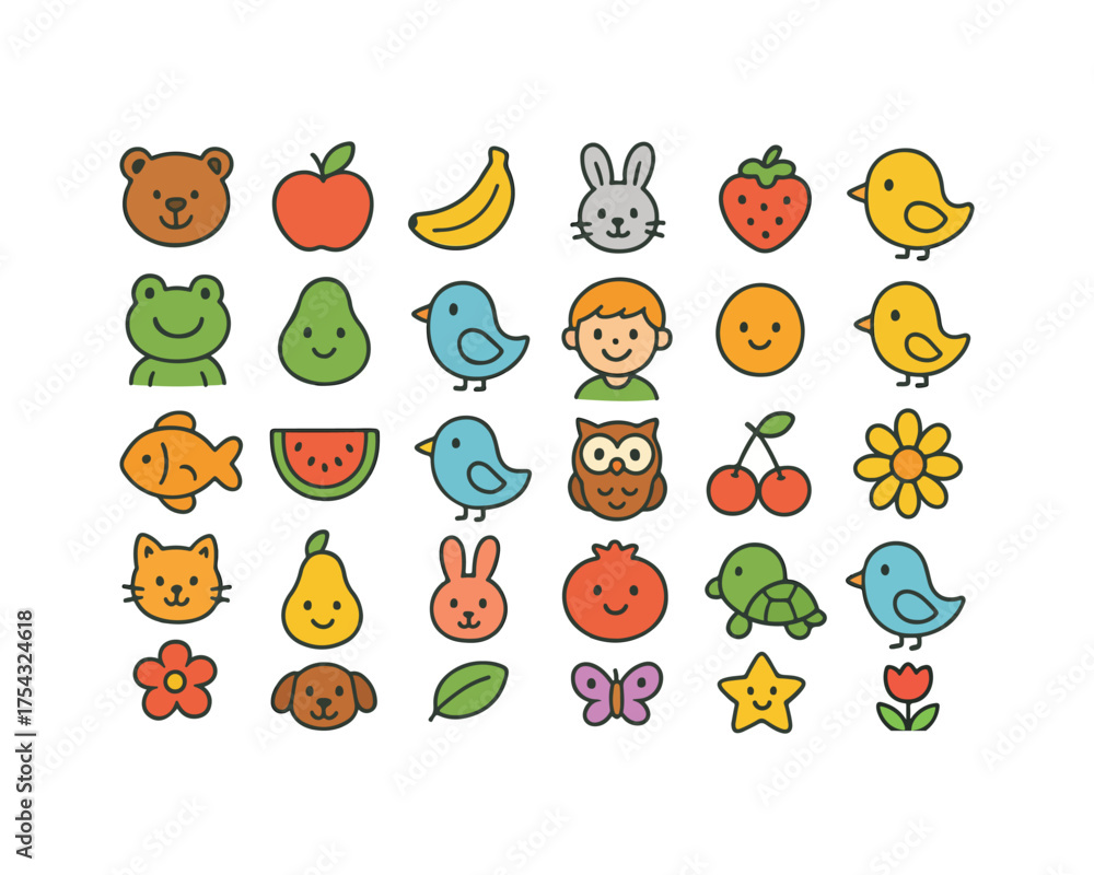 Obraz premium Colorful Children cartoon, fruits and birds icon Vector Illustration