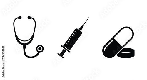 Medical icons representing healthcare stethoscope syringe and capsule pill