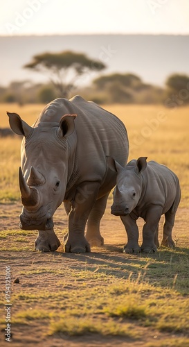 Rhino Mother and Calf in African Savanna.