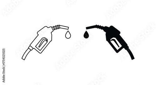 Black and white illustration of two fuel pump nozzles dripping fuel