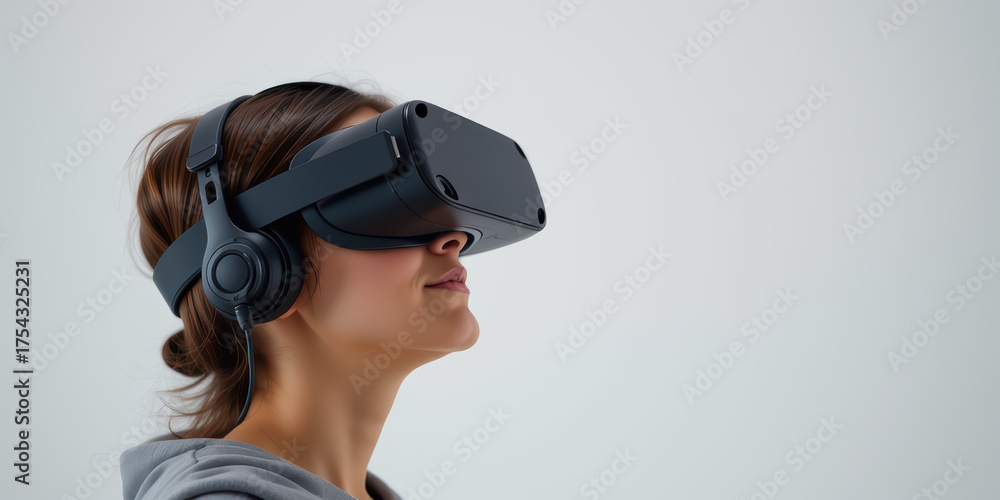 Fototapeta premium Young woman wearing virtual reality headset and headphones exploring immersive experience