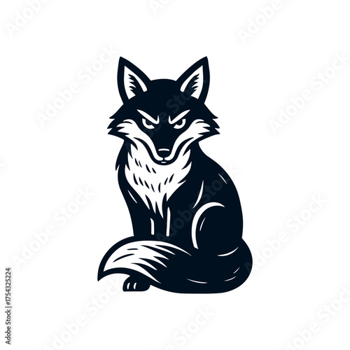 Stylized sitting fox, bold black and white woodcut style with alert expression and bushy tail