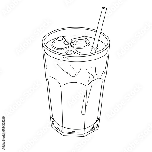 A glass filled with iced herbal infusion features ice cubes and a straw, offering a refreshing beverage idea captured with simple lines and attention to shape. 