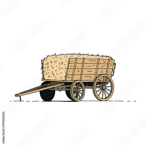A farm wagon for hayrides is stacked high with straw and sturdy wheels, set on a rustic countryside in autumn fields, embodying a traditional rural scene in a clean vector