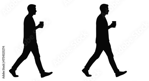 Two men walking in silhouette each holding a beverage container