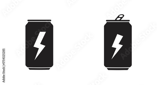 Two black energy drink cans one open with lightning bolt logos