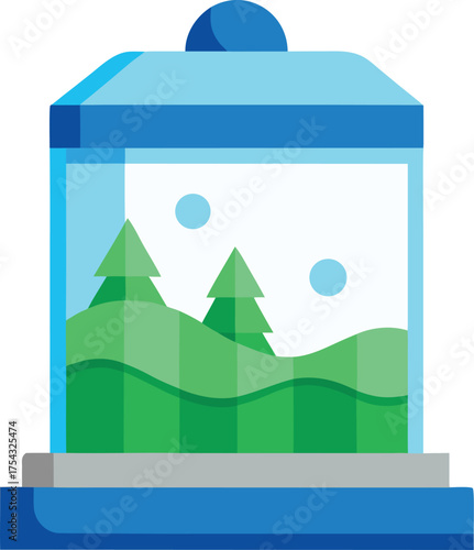 Vivid blue terrarium containing stylized green trees and rolling hills, with light blue circular accents, depicting a miniature landscape on a clear backdrop