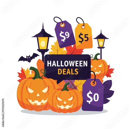 A vibrant Halloween deals illustration featuring grinning jack-o'-lanterns, autumn leaves, glowing lanterns, a bat, and price tags for seasonal sales.