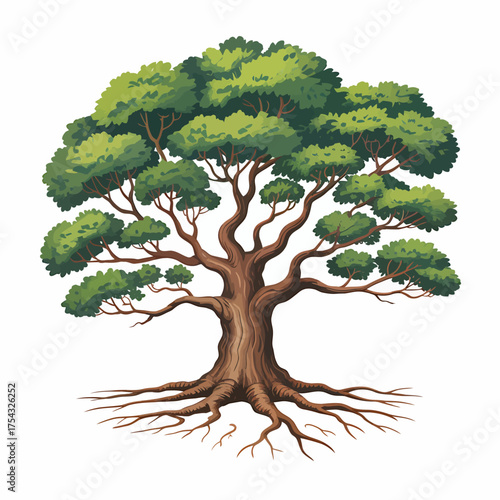 Magnificent Tree with Lush Green Canopy and Sprawling Roots Illustration for Natural Beauty Concepts and Ecological Awareness