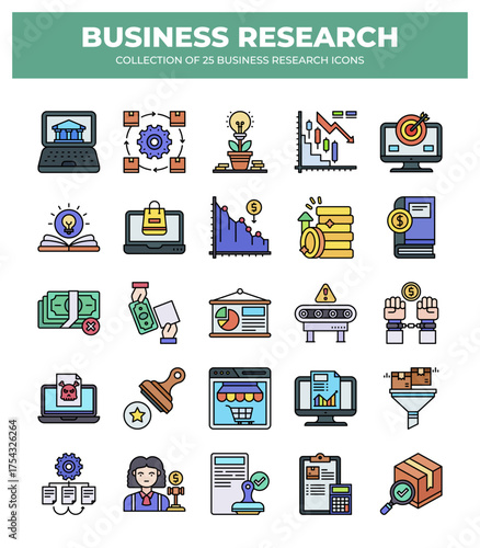Collection of Business Research Icons: Data Analysis. Market Research. and Financial Planning