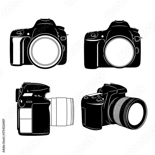 Digital Camera Illustration in Various Angles Black and White Professional Photography Gear Technical Drawing Studio Photography Equipment for Creative Projects