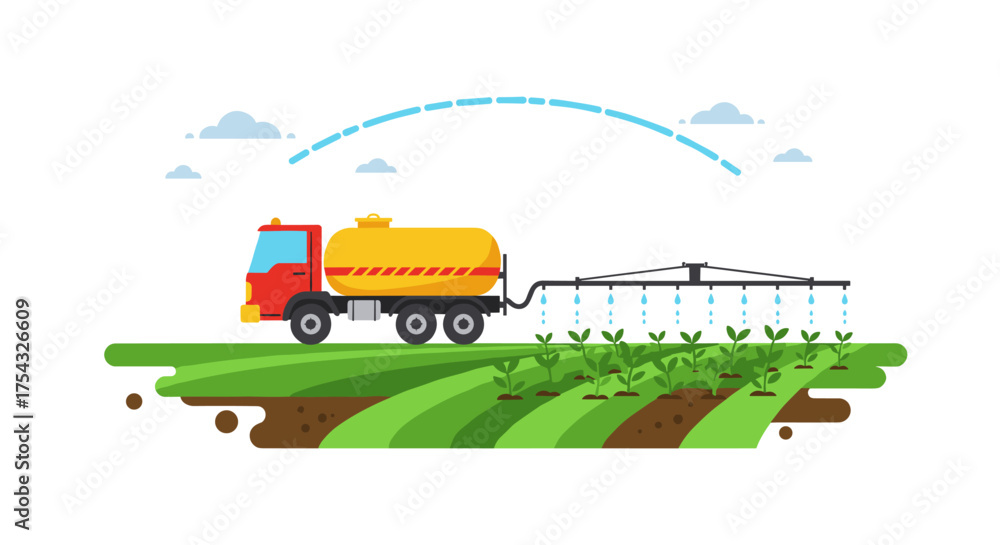 Fototapeta premium Modern farming technology featuring an irrigation truck applying water or fertilizer to a vibrant crop field, highlighting efficient agricultural processes