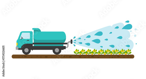 Agricultural Irrigation Truck Spraying Water on Crops in Field, Concept of Sustainable Farming Practices and Efficient Cultivation