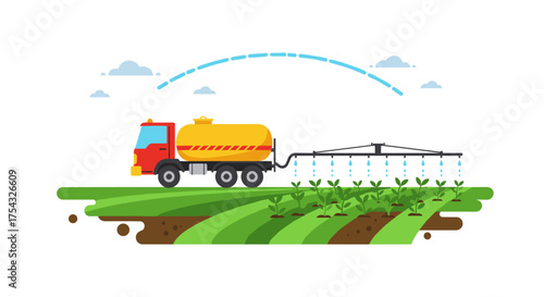 Modern farming technology featuring an irrigation truck applying water or fertilizer to a vibrant crop field, highlighting efficient agricultural processes