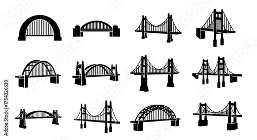 Diverse Collection of Bridge Silhouettes Showcasing Architectural Variety and Engineering Designs for Infrastructure Projects and Cityscapes