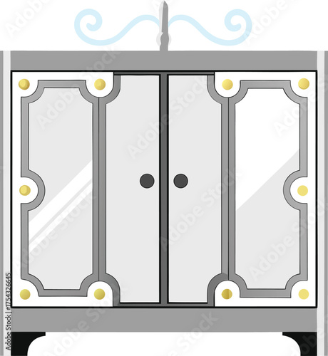 Flat illustration of a white and grey cabinet with two doors, golden studs, and light blue decorative swirls on top, storage unit