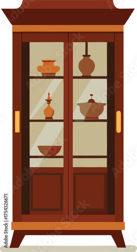 Wooden display cabinet with glass doors showcasing antique pottery. Classic curio cupboard for home decor.