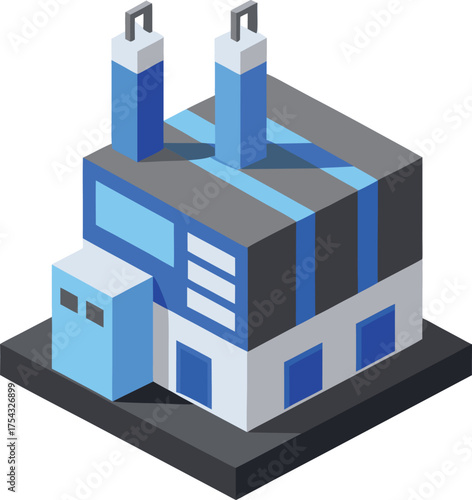 Isometric Factory Building Vector Industrial Complex with Chimneys and Blue Accents on Transparent Background Manufacturing Plant Illustration