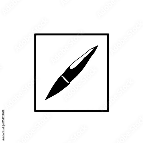 Modern black and white vector icon of a sleek writing pen, framed in a simple square, perfect for digital design, educational resources, professional documents, or creative branding elements